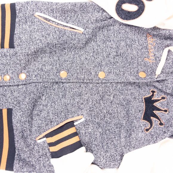 Stussy Women’s Varsity Bomber Hoodie S Gray Cream Orange Crown Logo Y2K - Picture 3 of 7